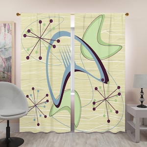 Mid Century Modern Boomerang Atomic Starburst Curtains, Retro 50s Semi Opaque Window Panels