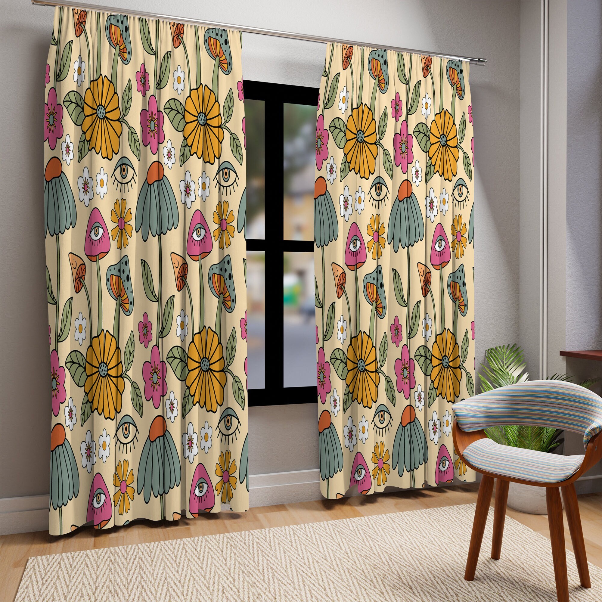 Vintage-Pilz-Vorhänge – Botanisches Design Mit Stangentasche Für Wohnzimmer & Schlafzimmer