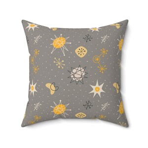 Mid Century Modern Throw Pillows with Inserts, Retro 1950s Atomic Cushions, MCM Gray, Mustard Yellow, Futuristic Star Burst Accent Pillows
