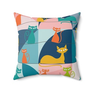 Mid Century Modern Atomic Cats Throw Pillow with Inserts, Retro Kitsch Teal, Pink, Orange, Yellow Geometric Accent Pillow, MCM Couch Pillow