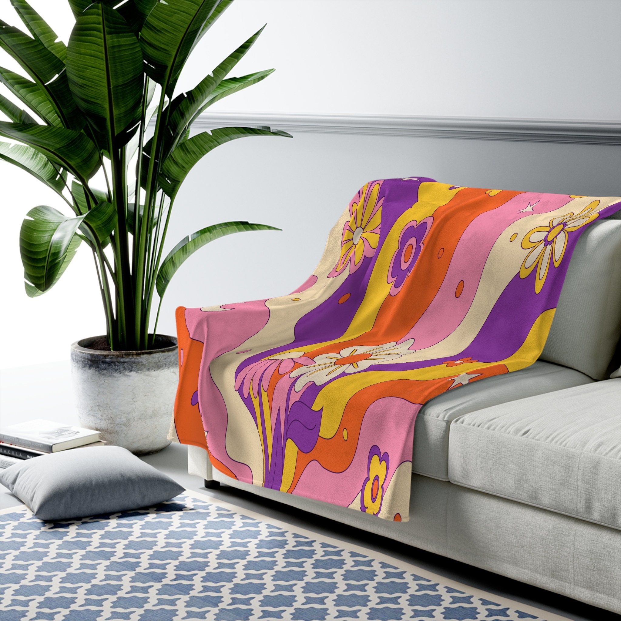 70s Groovy Hippie Flower Power Boho Throw Blanket Retro Mid Mod