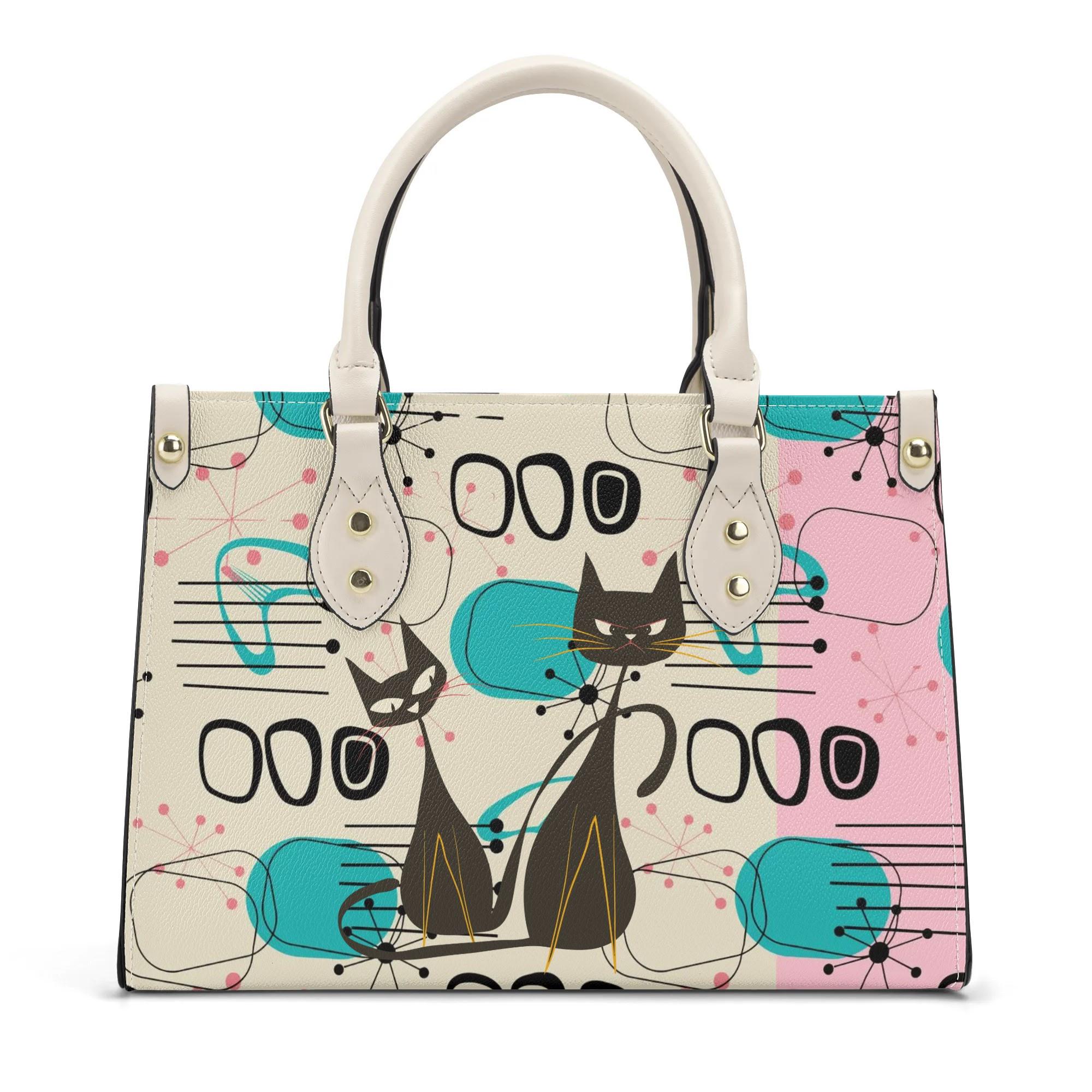 Mid Century Modern Atomic Cat Handbag, Retro Pink, Turquoise, and