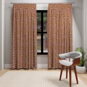 Mid Century Modern Retro Abstract Window Curtains, Geometric Burnt Orange, Brown, White MCM Blackout or Sheer Curtain Panels