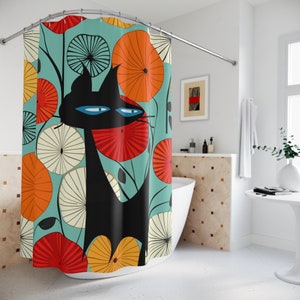 Atomic Cat 1950s Abstract Lotus Shower Curtain, Vintage Style Mod Geometric Design in Teal, Orange, Red and Yellow - KM13709723