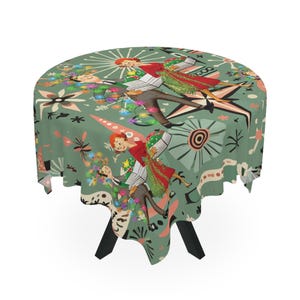 May include: A green tablecloth with a retro Christmas design featuring a couple carrying gifts and a Christmas tree with lights. The design is on a green background with abstract shapes and stars.