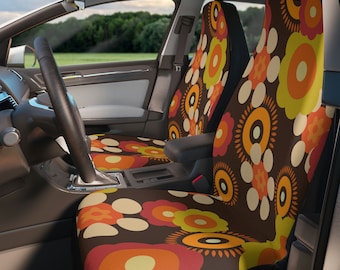 Retro Funky Groovy 60s Hippie Boho Car Seat Covers, Mid Century Modern 70s Flower Power Vibe Car Seat Protector, Car Decor