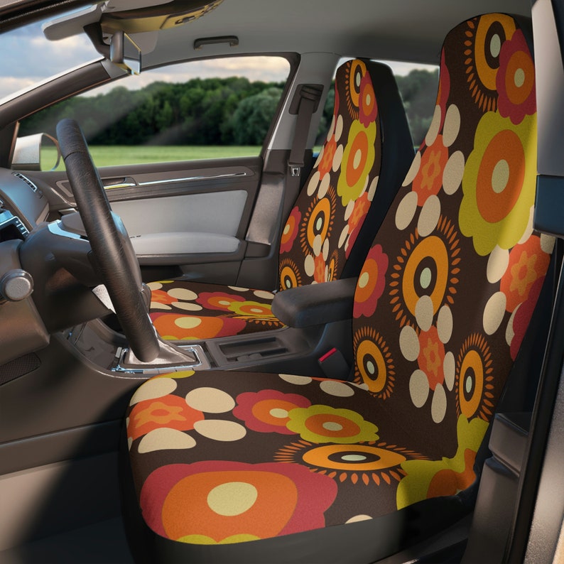Fundas de asiento de coche con estilo retro, funky y moderno de los años 60, estilo hippie bohemio, protector de asiento de coche con estilo floral de mediados de siglo y años 70, decoración para coche. imagen 1