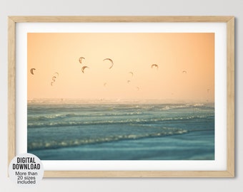 Ocean kitesurfing print, Modern coastal decor, Beach photography digital download, Kiteboarding picture, Peach sky and Turquoise Waves