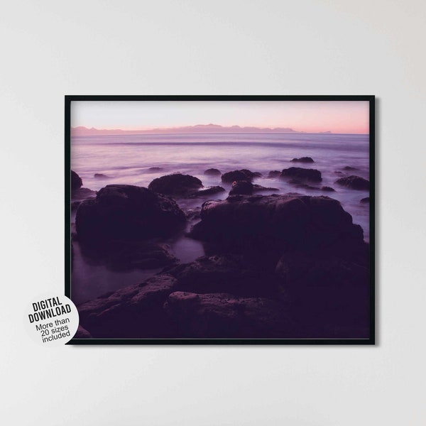Ocean sunset photography wall art - Cape Town coastal picture decor in purple and blue - Tranquil beach house decor with sea rocks