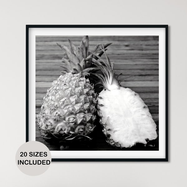Black & White Pineapple Photography Wall Art, Rustic Tropical Fruit Square Photo For Modern Farmhouse Kitchen Or Restaurant Decor