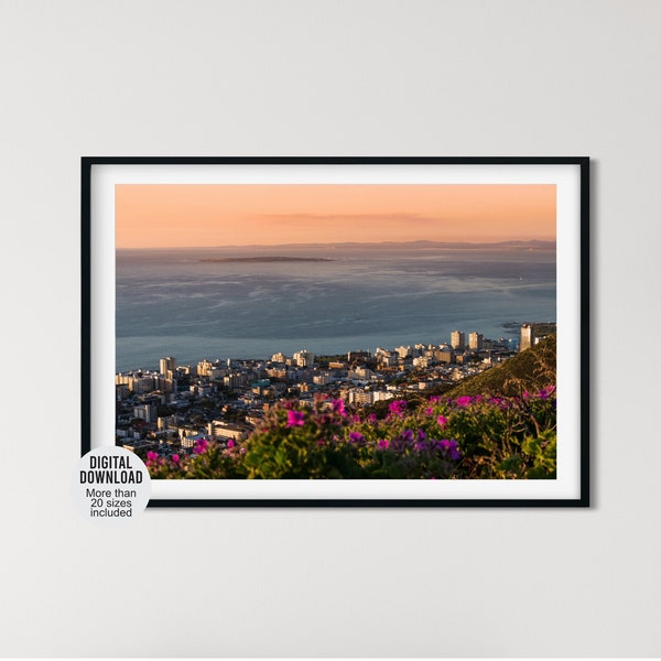 Cape Town photography print, Ocean sunset printable wall art, Robben Island South Africa photo decor, City travel poster, Nature landscape