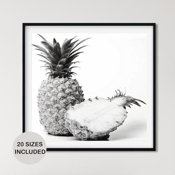 Minimalist Pineapple Photography Wall Art, Black & White Tropical Fruit Square Photo Decor For Modern Farmhouse Kitchen Or Restaurant