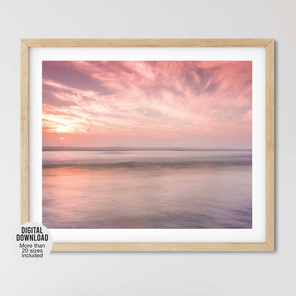 Ocean horizon photo in soft pastel colors, Printable cloudy sunset picture, Coastal photography wall decor, Minimalist Ocean