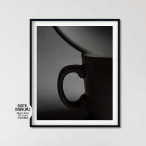 Modern coffee photography wall art - Rustic photo decor for coffee shop or kitchen - Minimalist dramatic photography print - Cup and saucer