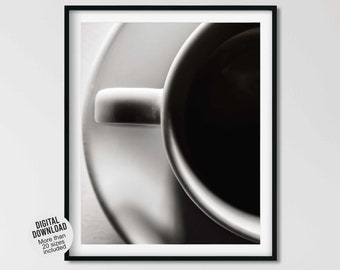Printable photography coffee bar decor - Black & white rustic farmhouse kitchen wall art - Cup and saucer picture -Minimalist artistic photo