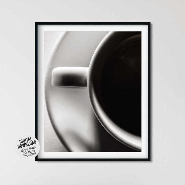 Printable photography coffee bar decor - Black & white rustic farmhouse kitchen wall art - Cup and saucer picture -Minimalist artistic photo