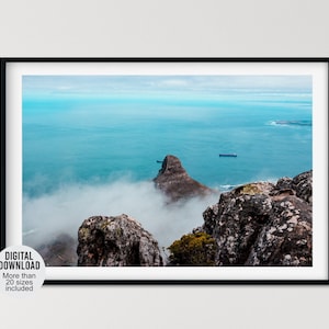 Póster del océano azul, fotografía aérea del océano tomada desde Table Mountain en Ciudad del Cabo, Sudáfrica, fotografía costera imprimible