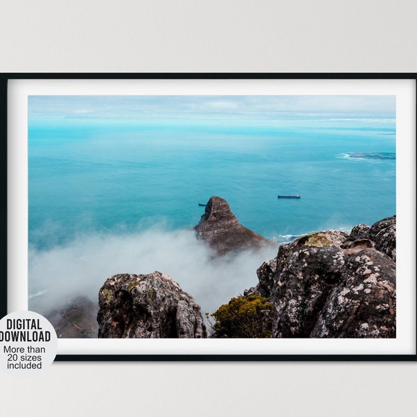 Blue ocean poster, Aerial ocean print photograph taken from Table Mountain in Cape Town, South Africa, Coastal printable photography
