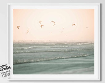 Ocean kitesurfing print, Modern coastal decor, Beach photography digital download, Kiteboarding picture, Seaside landscape Pastel colors