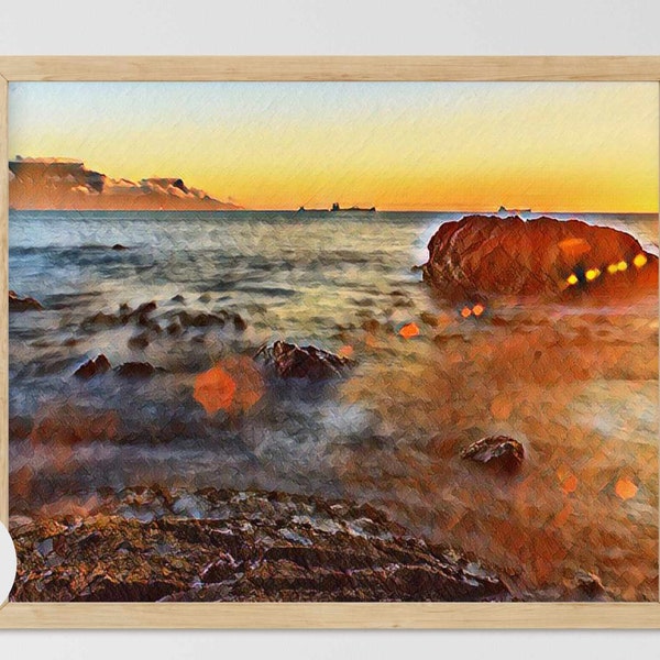 Abstract coastal printable wall art - Ocean and rocks digital download in autumn colors - Sunset seascape beach house decor