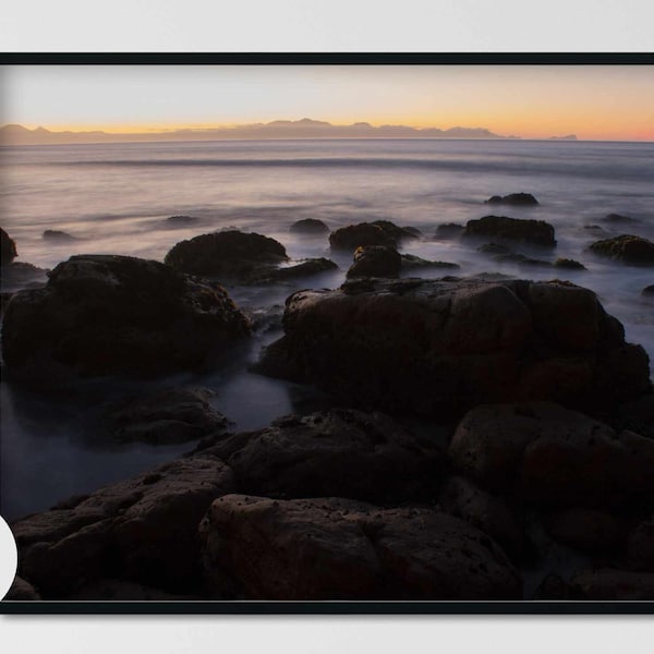 Printable seascape photography of the ocean and rocks at sunrise, Beach wall art coastal home decor Cape Town South Africa, Nature sunset