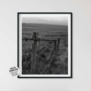 Modern farmhouse decor - Photography prints of a wooden fence post and rusty barbed wire fence - Rustic minimalist photo black & white