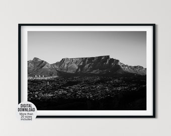 Table Mountain picture in Cape Town South Africa, Black and white sunset mountain photo, Travel photography, Nature fine art photography