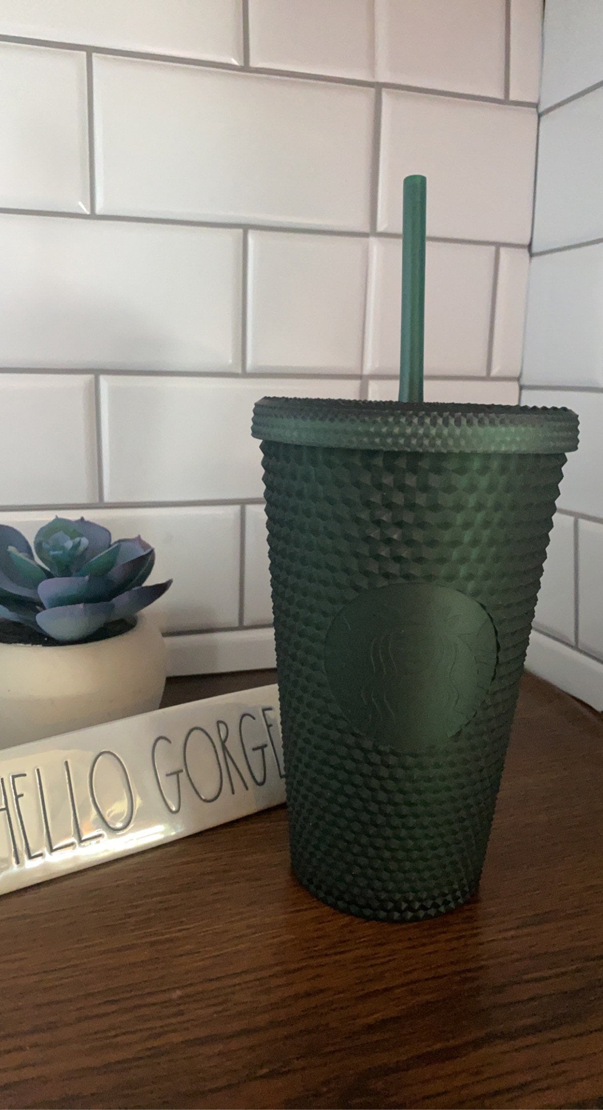 NWT STARBUCKS Studded Emerald Green Tinted Bling Plastic Cold Cup 24 Oz