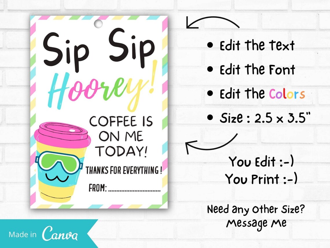 SIP SIP HOORAY Gift Tag Printable Teacher Staff Employee | Etsy