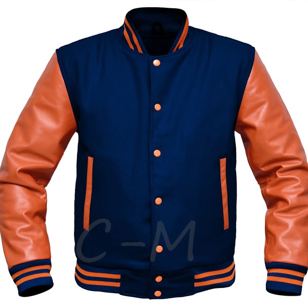 American Baseball Bomber College Jacket ,Uni Style Design ,Genuine Orange Leather Sleeves Navy Wool Retro Letterman Jacket