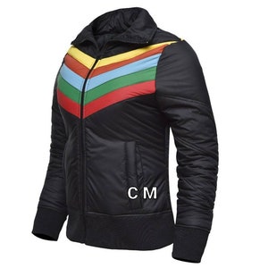 Vintage Rainbow Jacket for women Handmade Women Black Jacket Ski Puffer Jacket