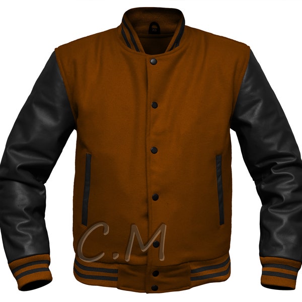 American Bomber College Jacket ,American Uni Style Design ,Genuine Black Leather Sleeves Brown Wool Retro Letterman Jacket