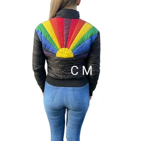 Women Vintage Rainbow Jacket Handmade Women Black Jacket Ski Puffer Jacket