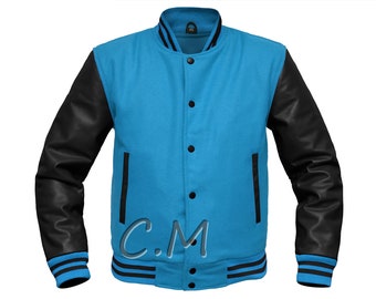 Bomber Baseball College Jacket ,Uni Letterman ,Varsity Jacket , Genuine Black Leather Sleeves Skyblue Wool Retro Letterman Jacket