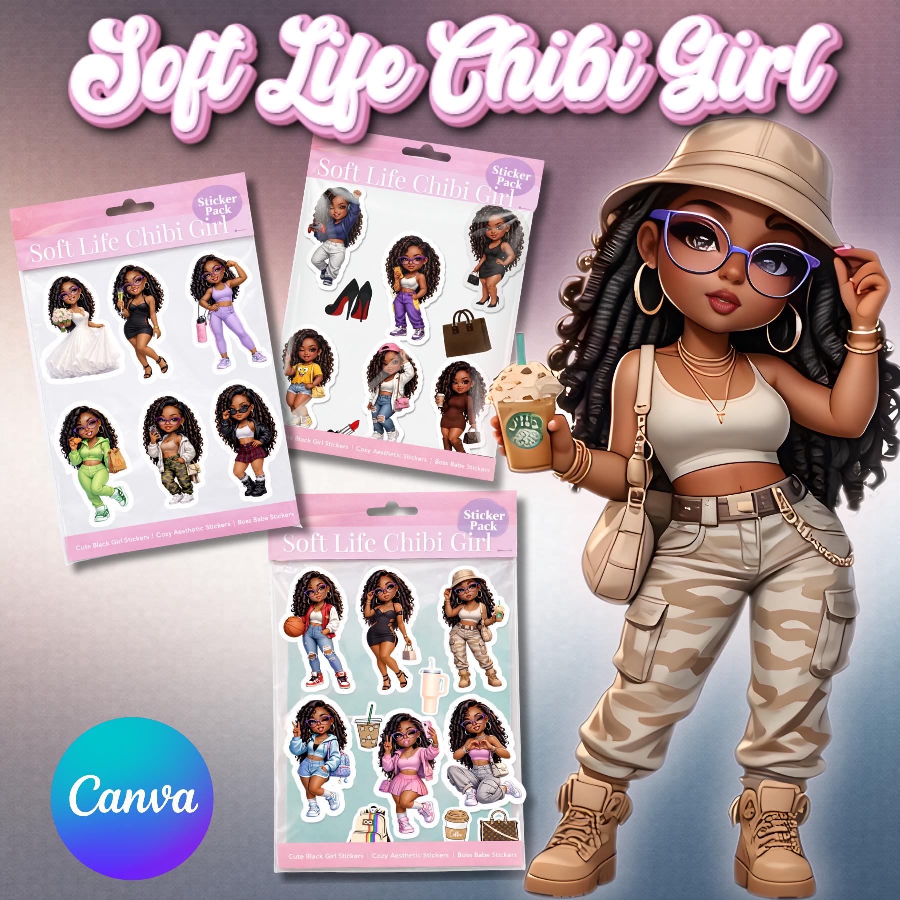 Soft Life Chibi Girl Sticker Pack Bundle | Canva Template - Etsy