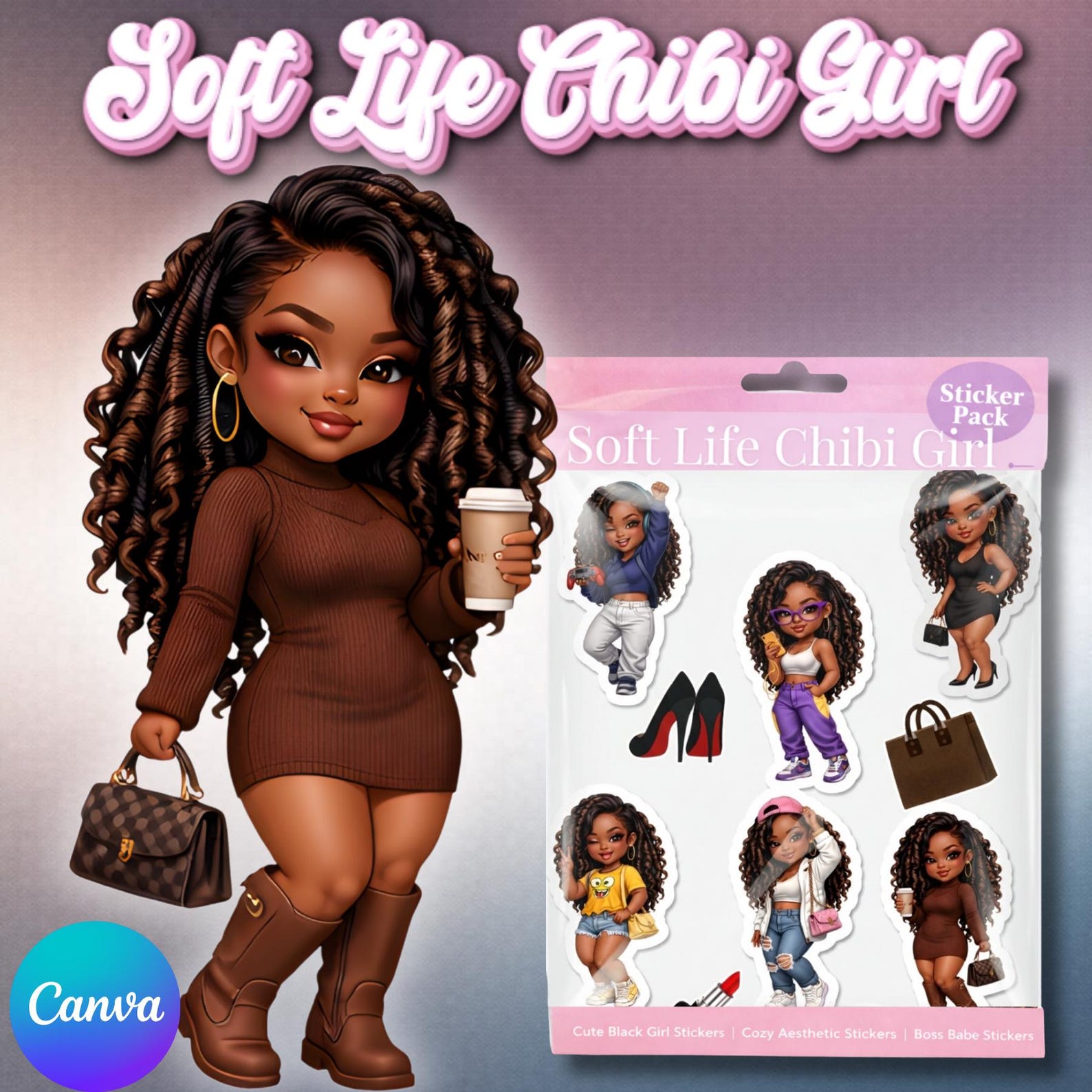 Soft Life Chibi Girl Sticker Pack 3 | Canva Template - Etsy