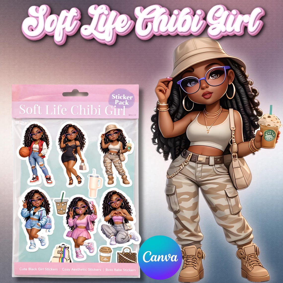 Soft Life Chibi Girl Sticker Pack | Canva Template - Etsy