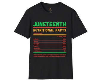 May include: Black t-shirt with a graphic design that reads "Juneteenth Nutritional Facts" with a list of qualities and their percentage daily value. The qualities listed are Melanin, Beauty, Strength, Loyalty, Sensuality, and Foolishness.