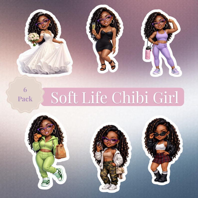 Soft Life Chibi Girl Sticker Pack 2 | Canva Template - Etsy