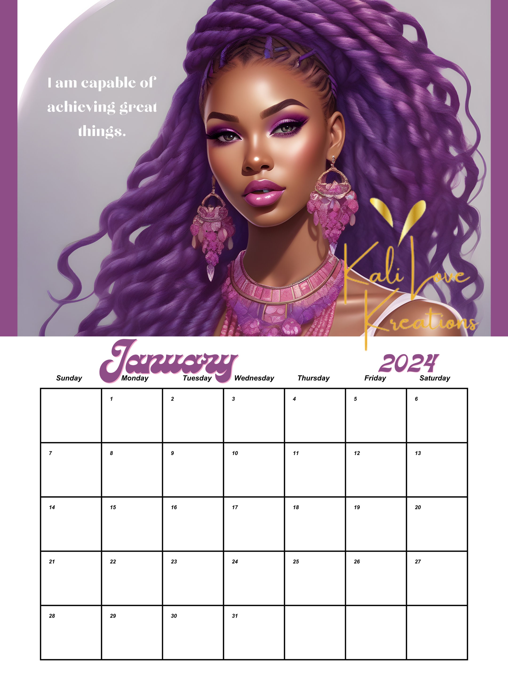 Black Woman Affirmation 2024 Monthly Calendar Instant Download
