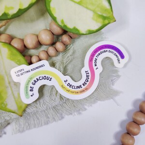 K&ouml;nnte beinhalten: Ein bunter Aufkleber mit drei Schritten zur Festlegung von Grenzen: 1. Sei gn&auml;dig, 2. Lehne die Anfrage ab, und 3. Arbeite dich durch den Unmut. Der Aufkleber hat die Form eines Regenbogens.