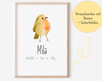 Kinderposter Rotkehlchen, Digitaldruck, Geburtsposter Mädchen, Aquarell Wandbild Kinderzimmer, personalisiert *Digitales Produkt*