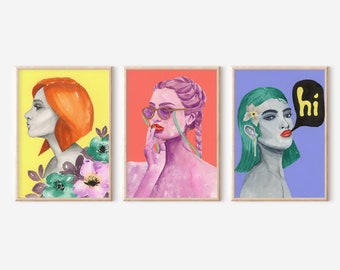 Set of 3 Women Digital Print, Art Print, Printable Wall Art, Modern Prints, Art Print, Feminist Wall Art, Neon Colors - printable