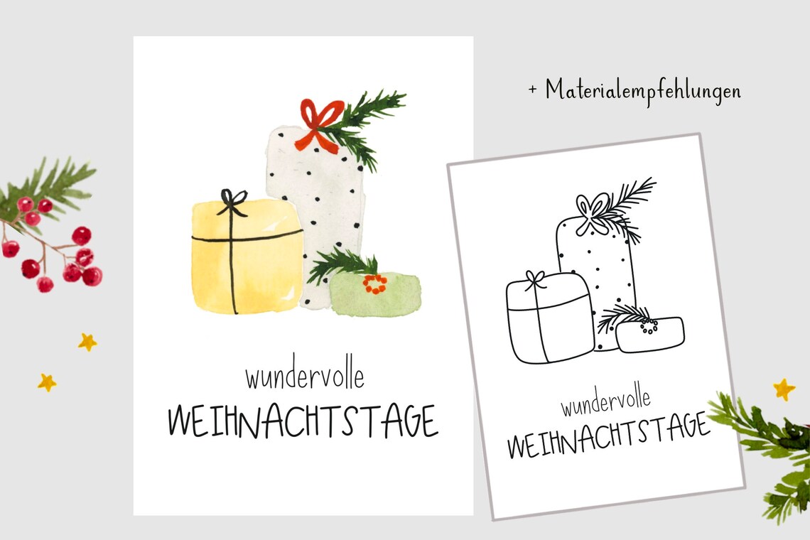 Weihnachtskarten Vorlagen für Aquarell, Vorlagenpaket, Aquarellmalerei