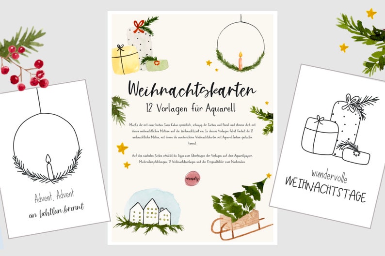 Weihnachtskarten Vorlagen für Aquarell, Vorlagenpaket, Aquarellmalerei, Weihnachten, Motiv-Vorlagen, Digitaler Download, Digitales Produkt, Bild 1