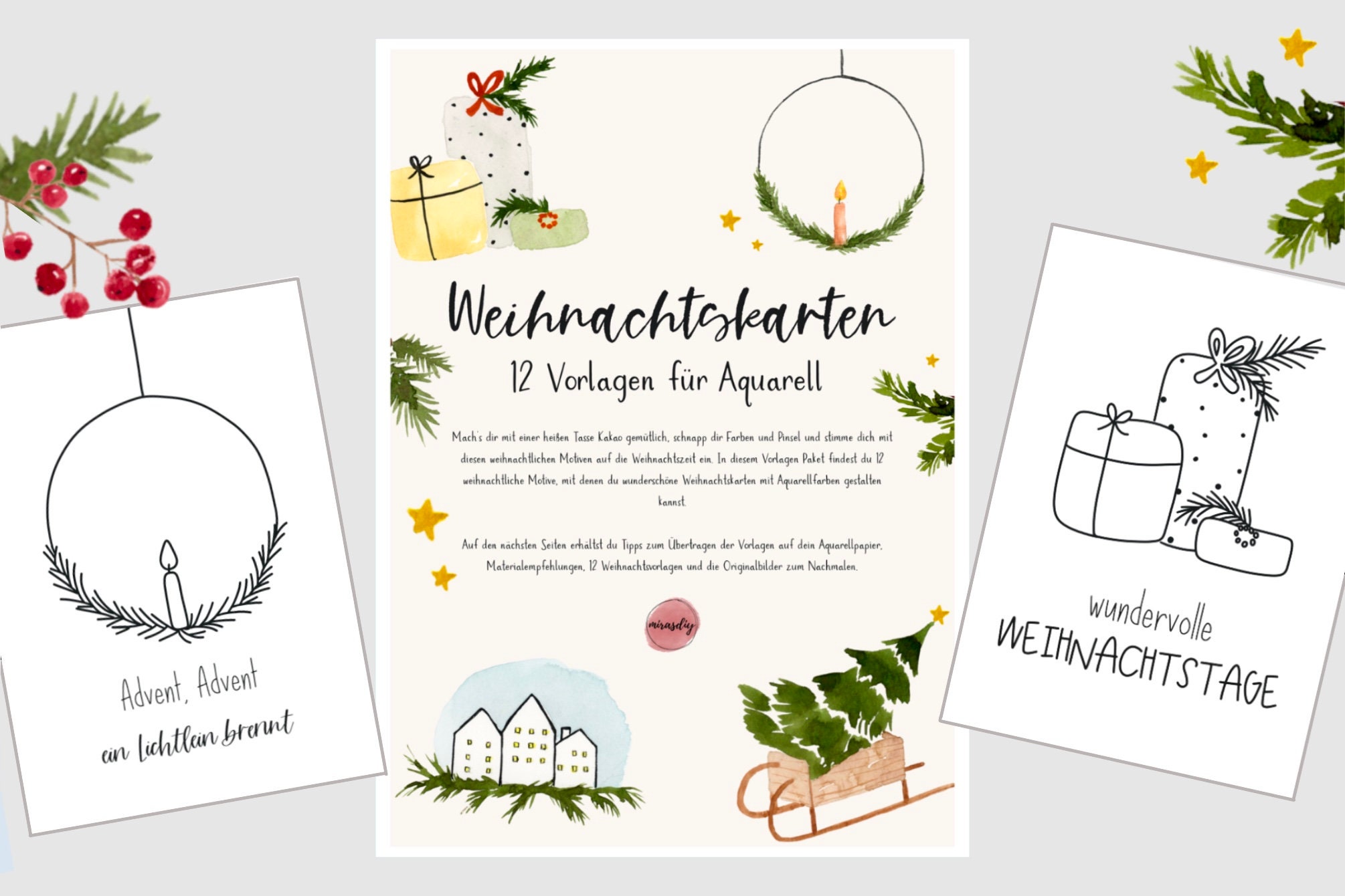 Christmas card templates for watercolor, template package, watercolor painting, Christmas, motif templates, digital download, digital product,