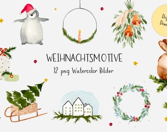 12 Christmas Themes Watercolor, Bundle PNGs, Clipart Christmas, Christmas, Digital Download, Christmas Cards *Digital Product*