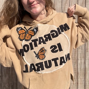 Migration is Natural Monarch Butterfly Upcycled Patchwork Hoodie