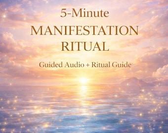 May include: An image with a serene ocean and sky background, featuring the text "5-Minute Manifestation Ritual" in a stylized font. Additional text reads "Guided Audio + Ritual Guide" and "with Leanne Blackburn". The overall aesthetic is calming and spiritual.