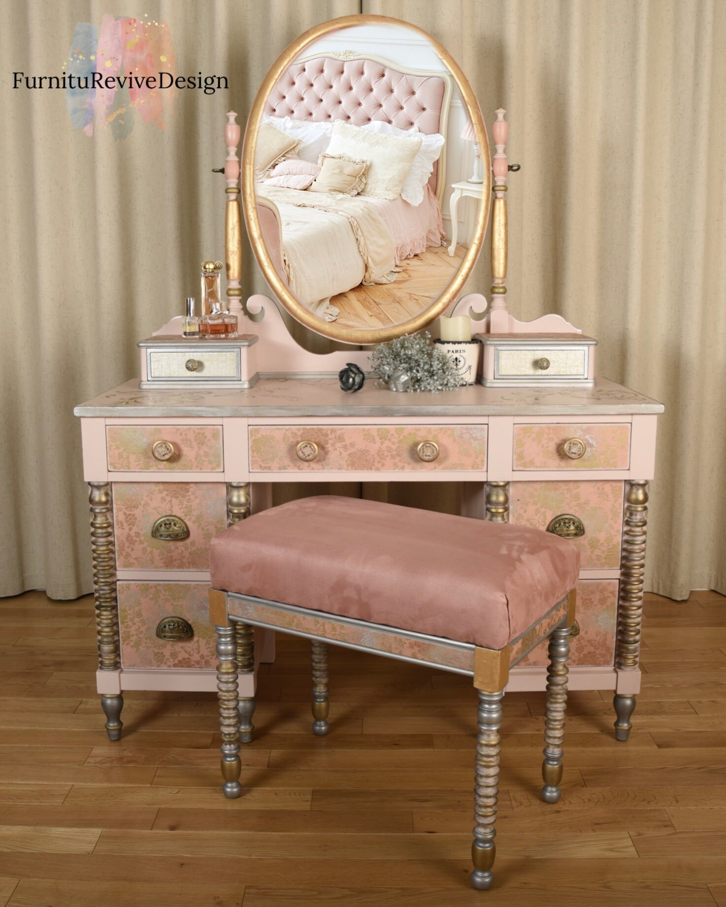 Light Pink Antique Vanity With Swivel Mirror and Cushioned Etsy